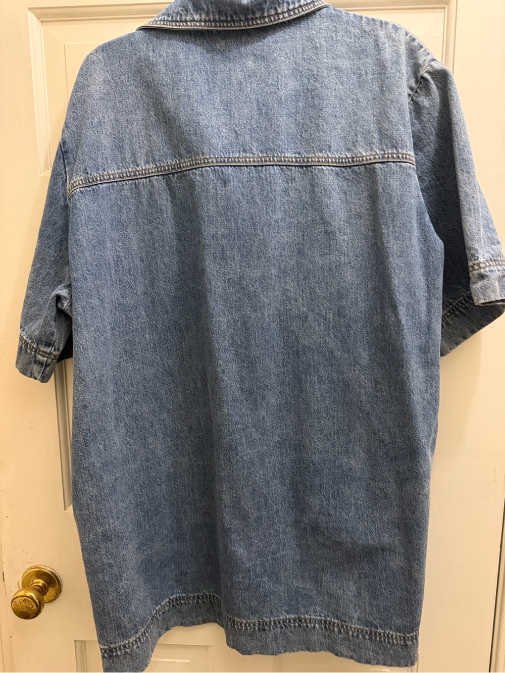 Women’s Denim Mini Dress Oversized Short Sleeve V-Neck Jean Shift Dress - Picture 5 of 5